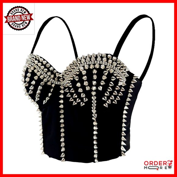 Metal Studs Bustier Crop Top Punk Rock Corset Push Up Adjustable Straps